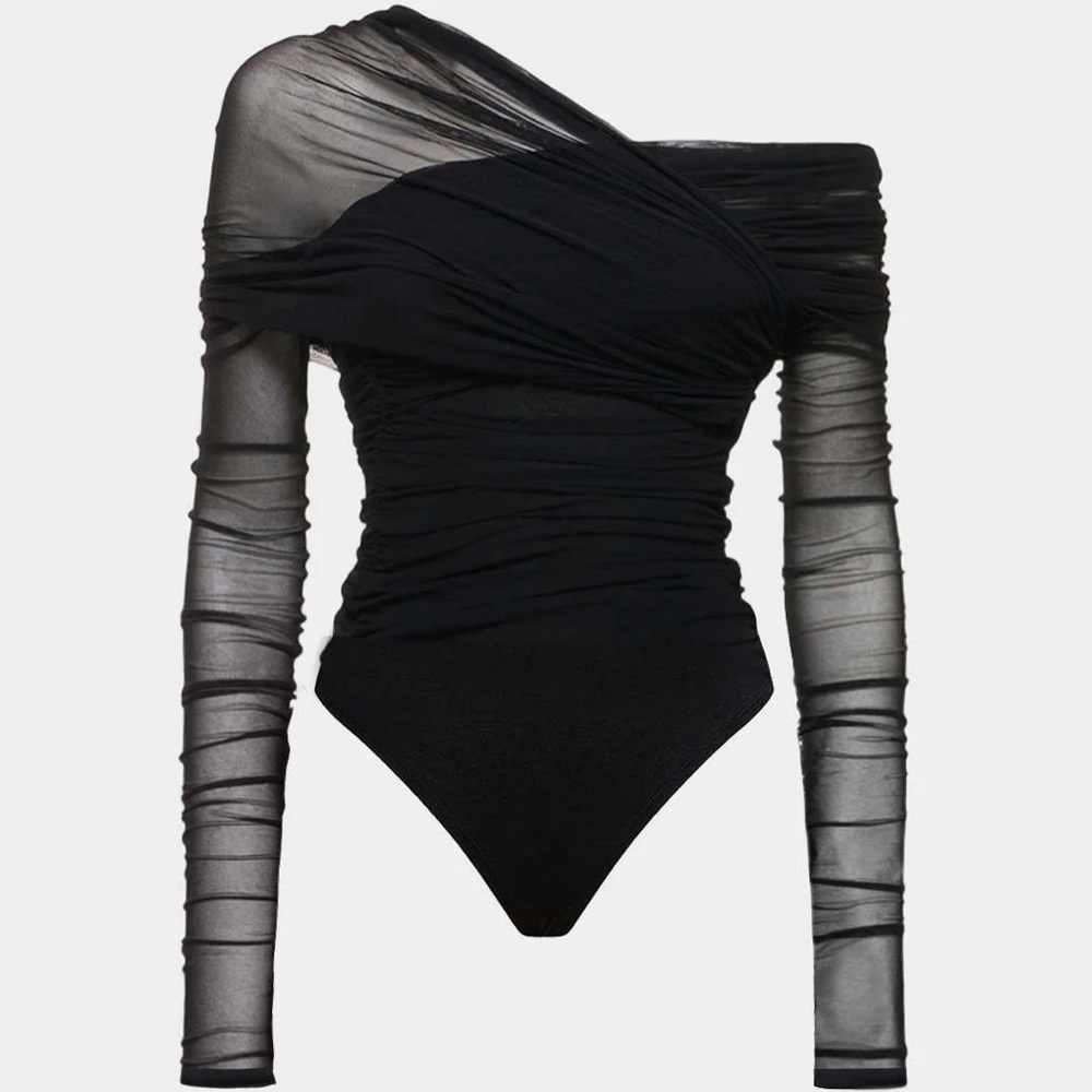 Asymmetric One-Shoulder Black Ruched Mesh Bodysuit